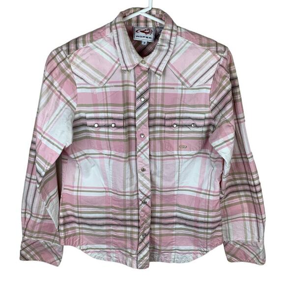 Roper Pink Plaid Pearl Button Collared Long Sleeve Button Up Shirt Womens Sz M - Picture 1 of 8
